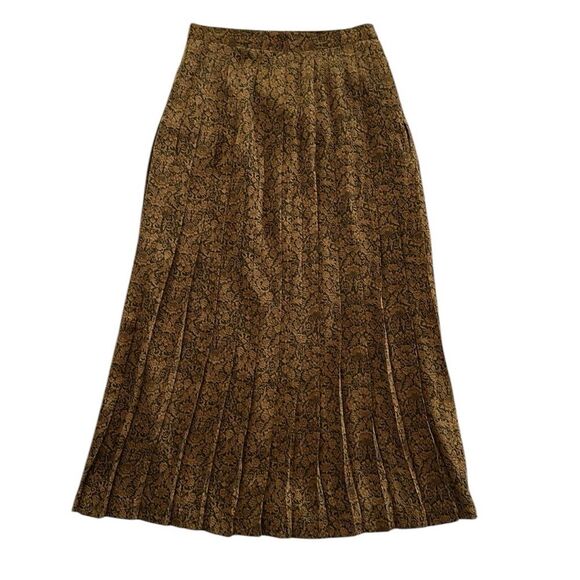 Austin Reed VTG 100% silk Brown Pleated Floral MidiSkirt 80’s Size M